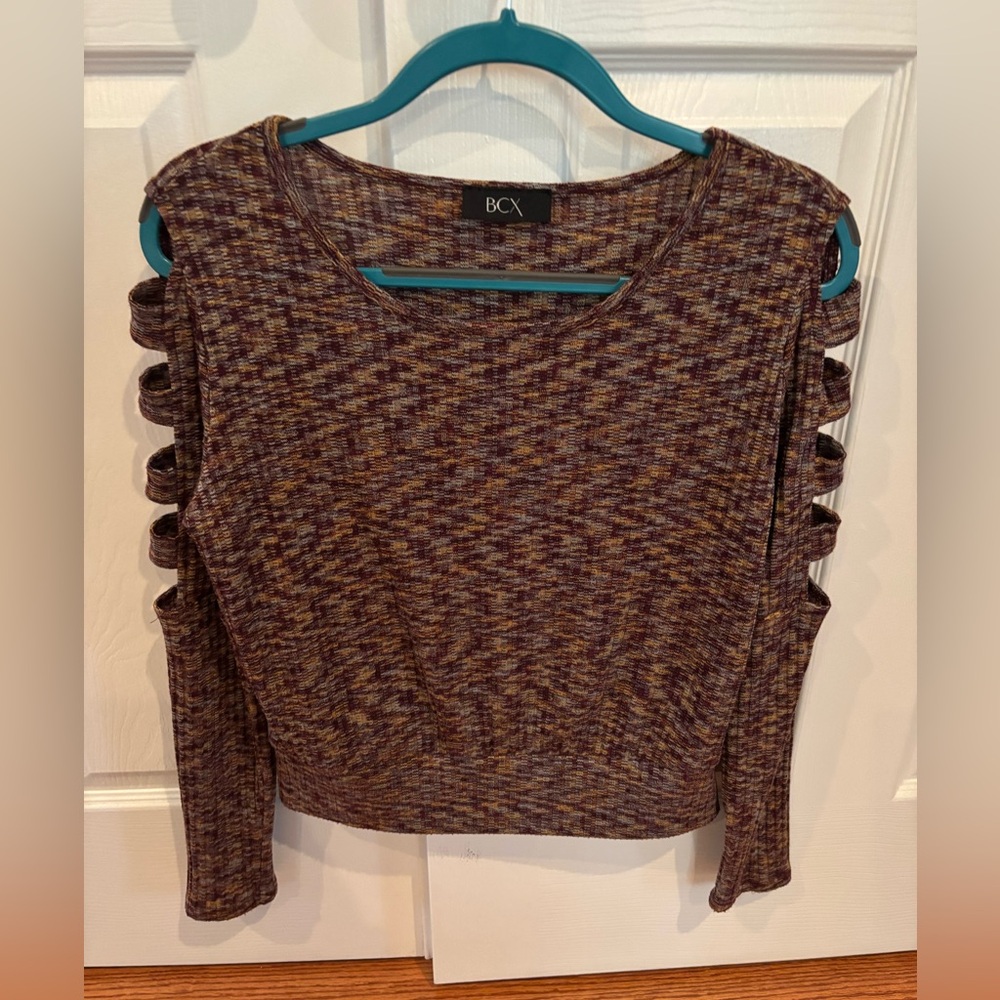 BCX Marled Knit Cold Shoulder Top Medium Caged Sleeve Long Sleeve Boho